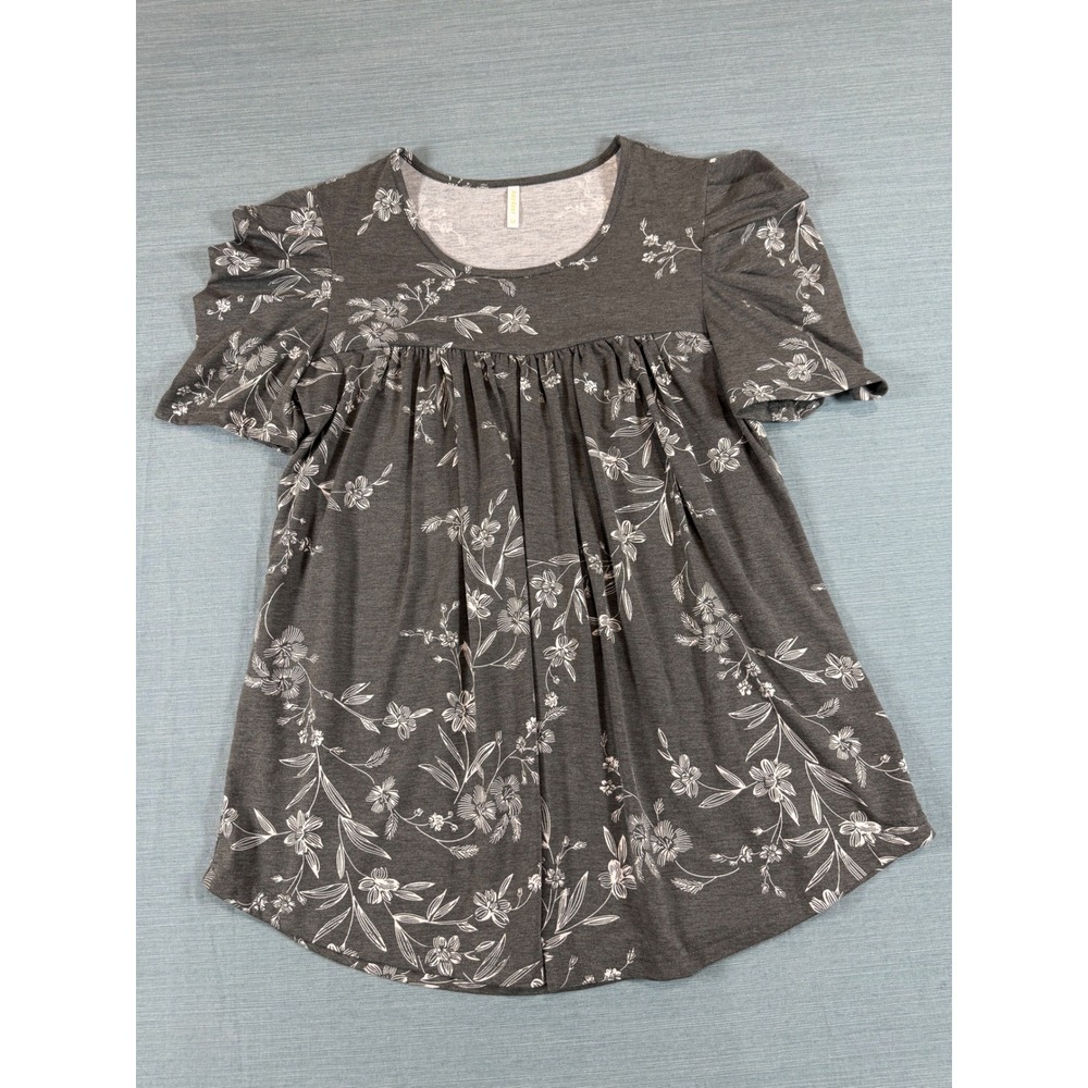 Anydeer Womens Gray Floral Babydoll Top Short Ruffle Sleeve Empire Waist Medium